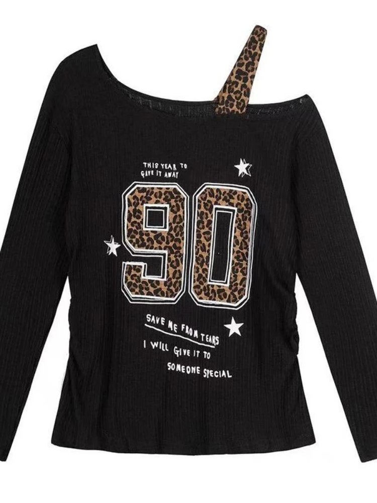 Embroidery Fashion - T-Shirt con Stampa Leopardata Stile Y2K,
